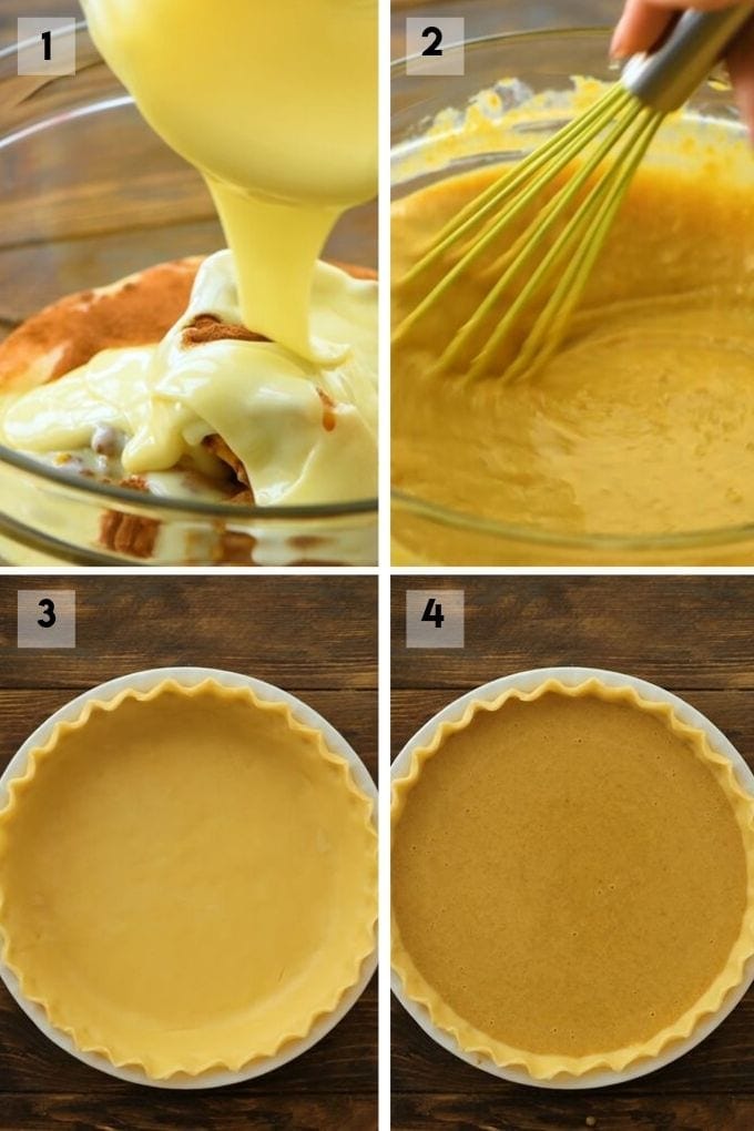 Collage of four pictures showing how to make a pumpkin pie