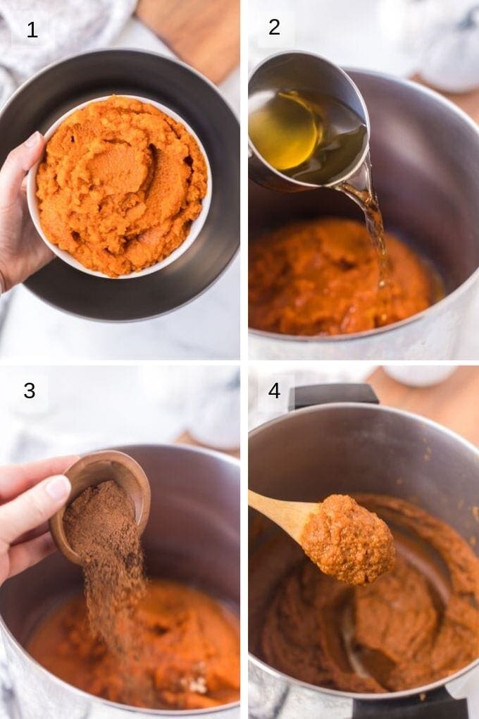 Collage of step by step photos to making pumpkin butter