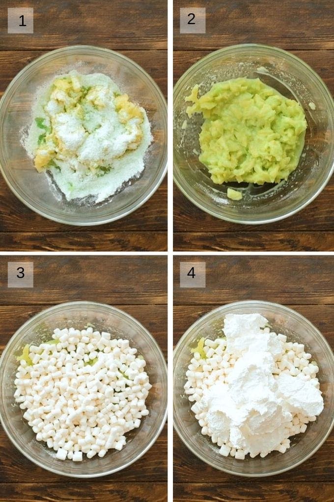 Collage of process photos of making watergate salad
