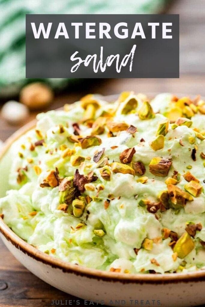 Brown bowl of Watergate Salad topped with pistachios