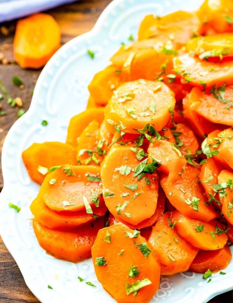 Glazed carrots on white platter