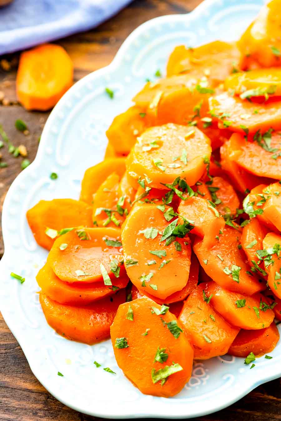 Glazed carrots on white platter