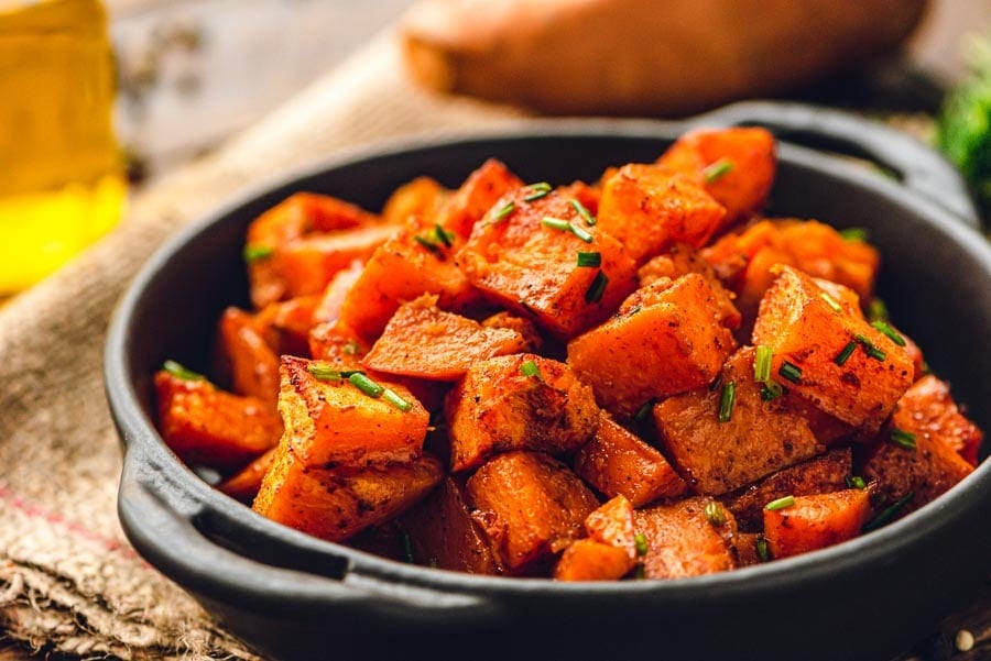 Bowl of roasted sweet potatoes