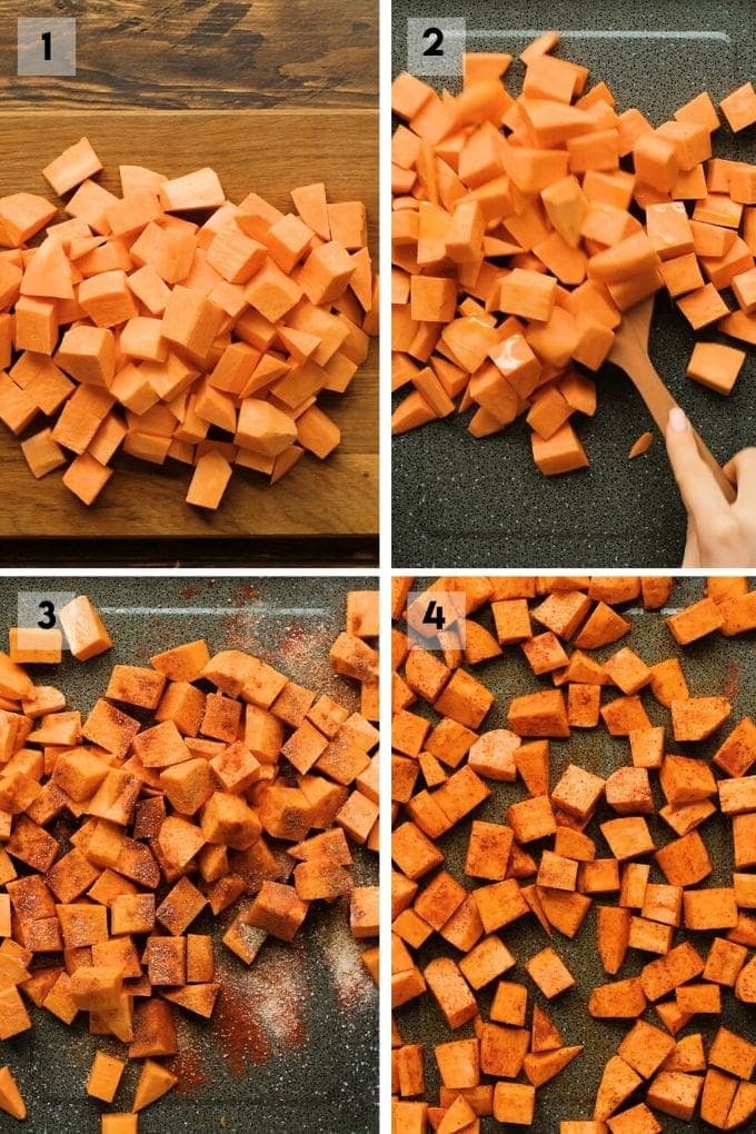 Photo collage on how to make roasted sweet potatoes