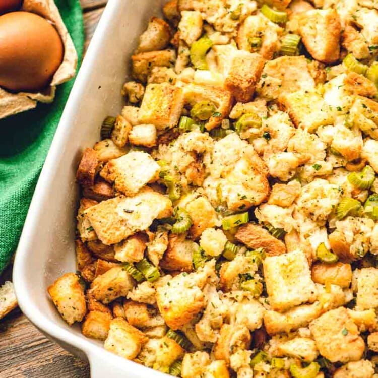 Stuffing in white casserole dish