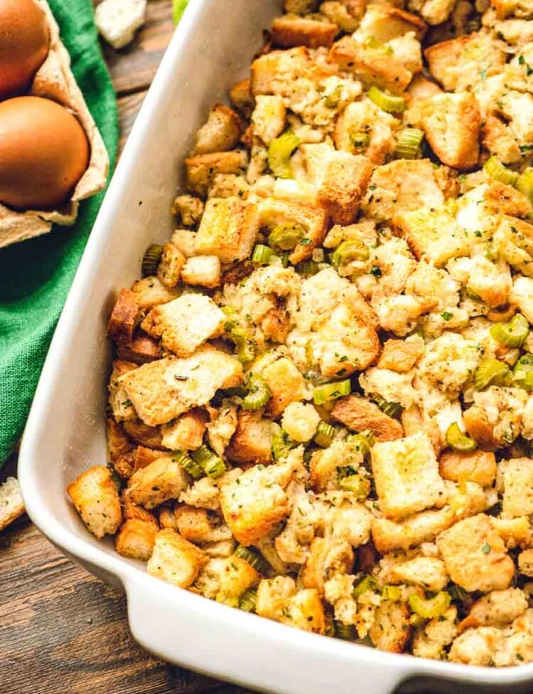 Stuffing in white casserole dish