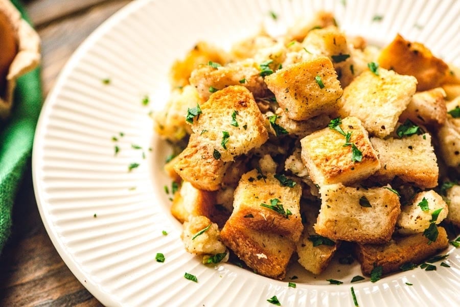 Homemade Stuffing on white plate