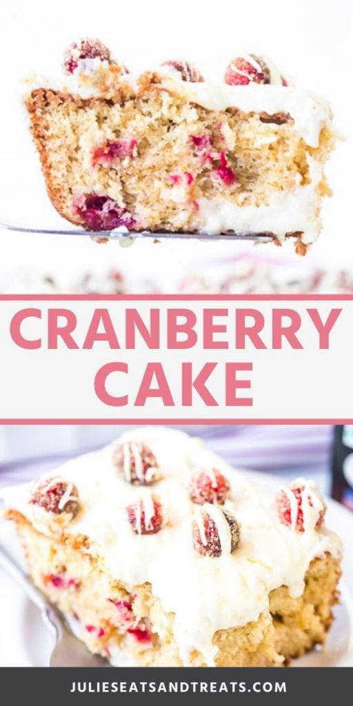 Cranberry cake collage. Top image of a spatula with a piece of cranberry cake on it, bottom image of a piece of cranberry cake on a plate