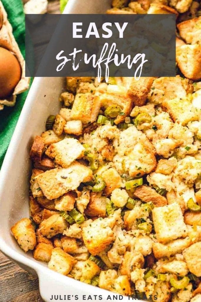 Easy stuffing in a white casserole dish