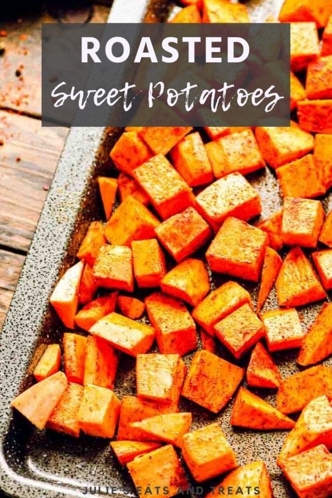roasted sweet potatoes on a sheet pan