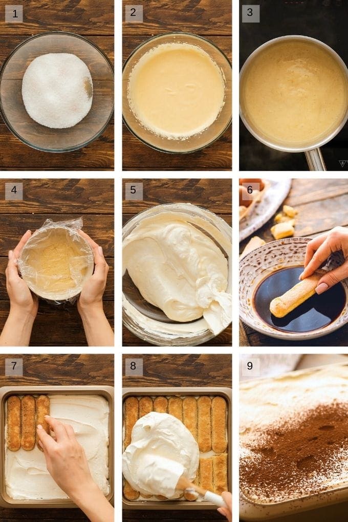 Collage of photos on how to make tiramisu