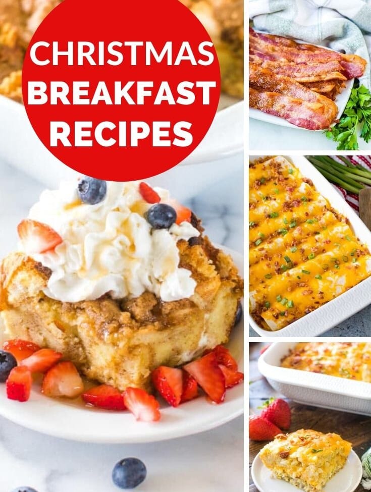 Four images of breakfast foods with a red circle around text reading christmas breakfast recipes