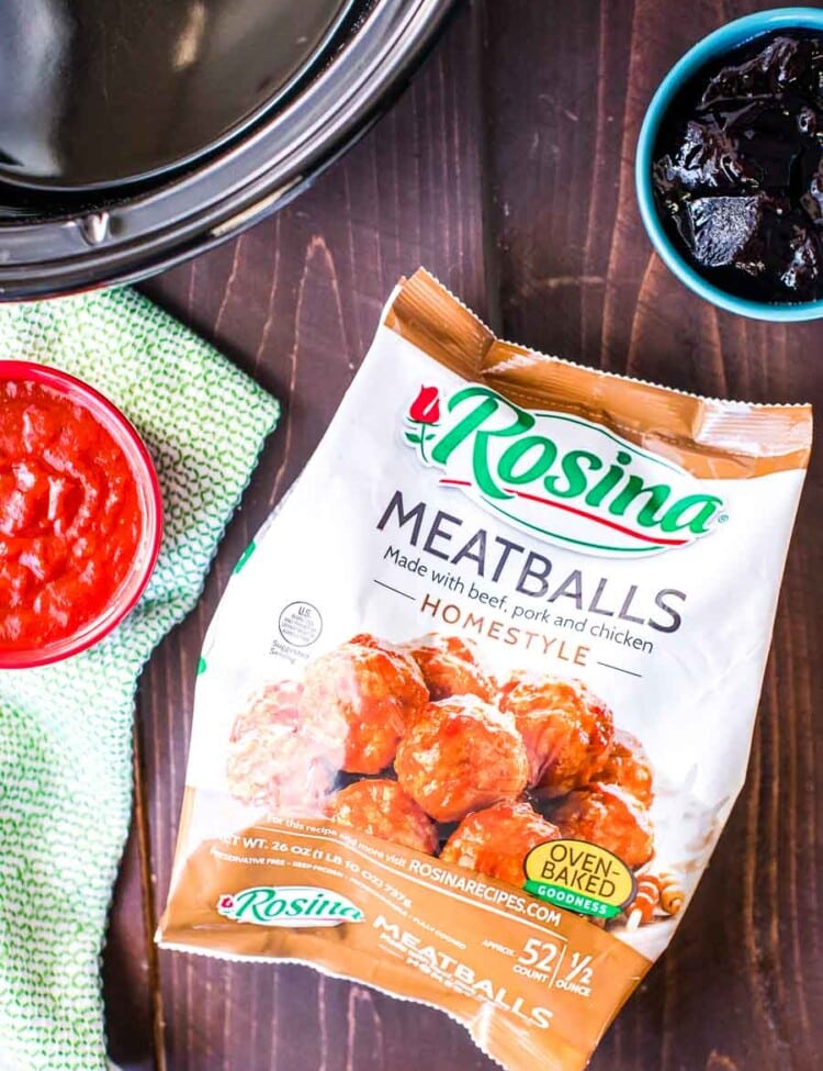 Ingredients Needed to make crockpot meatballs on a table.