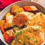 Pork roast and vegetables in a bowl