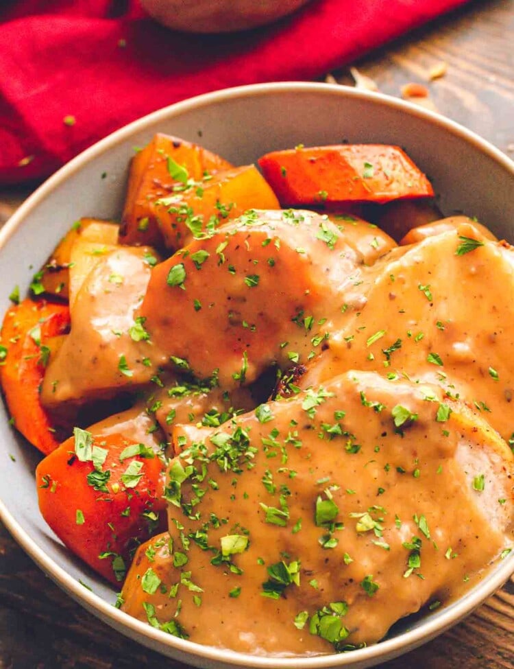 Pork roast and vegetables in a bowl