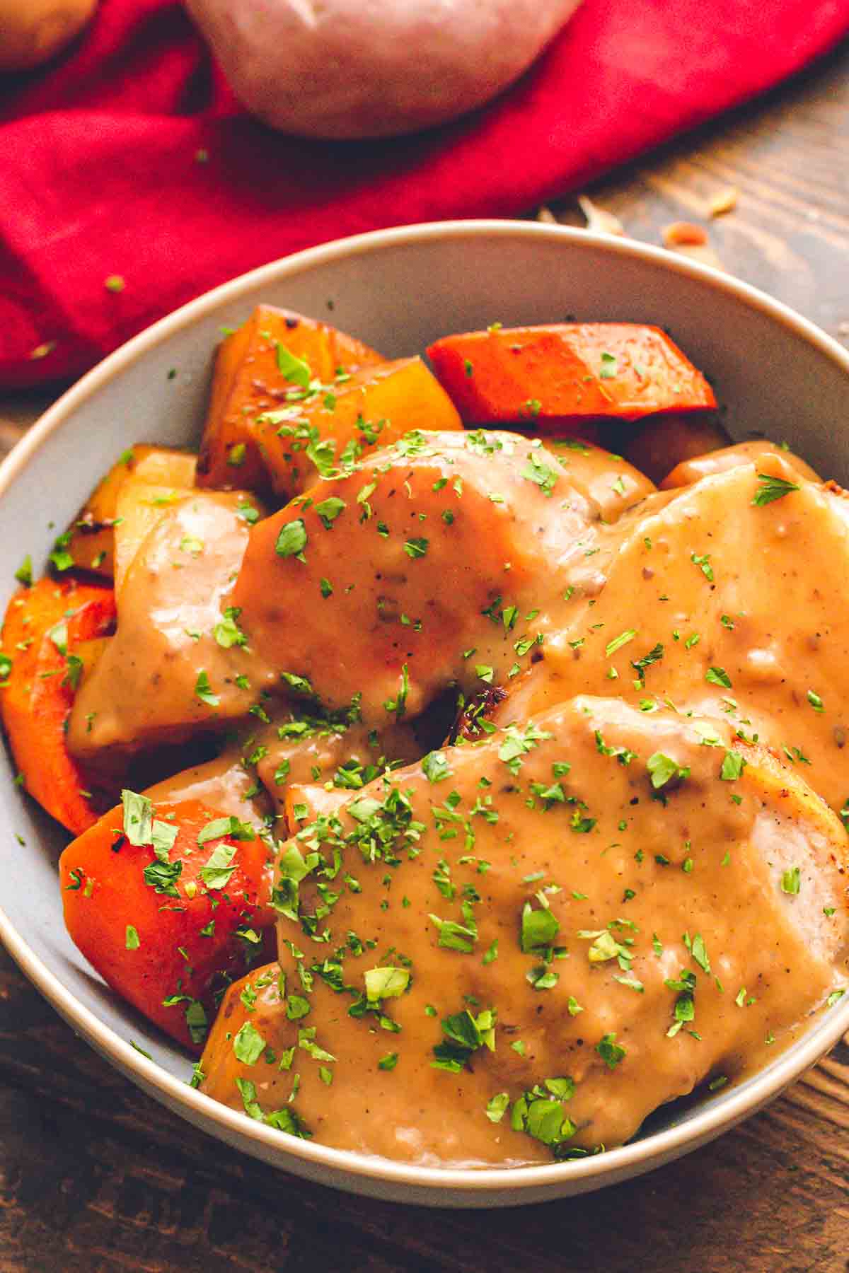 Pork roast and vegetables in bowl