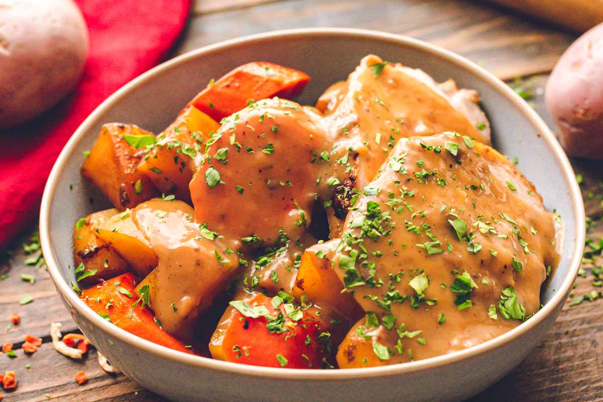 Bowl with Vegetables and Pork Roast