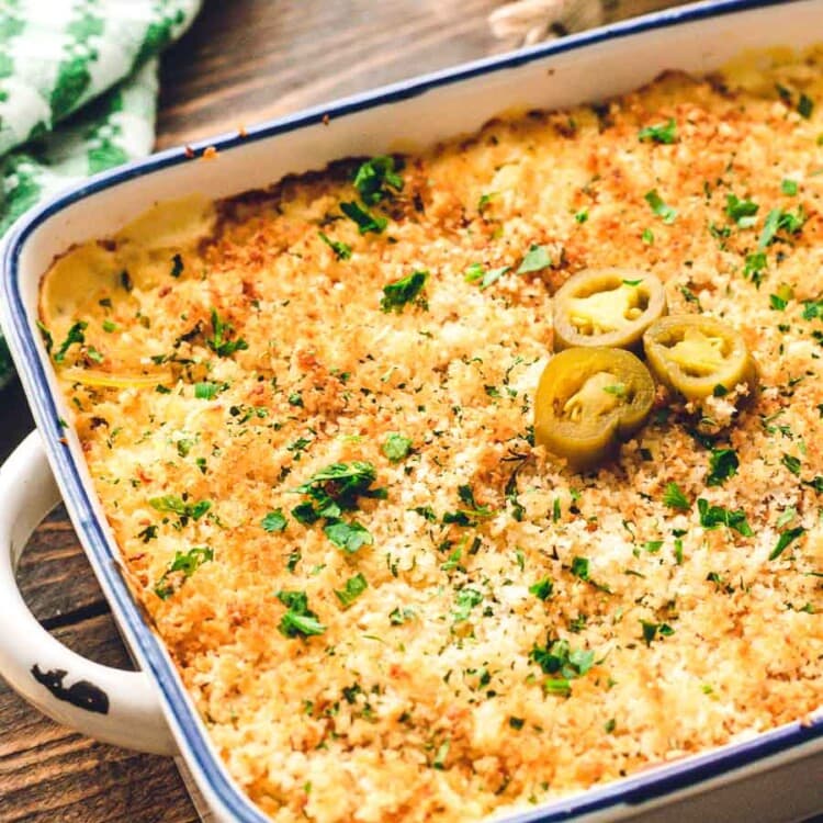 Casserole dish of jalapeno Popper Dip