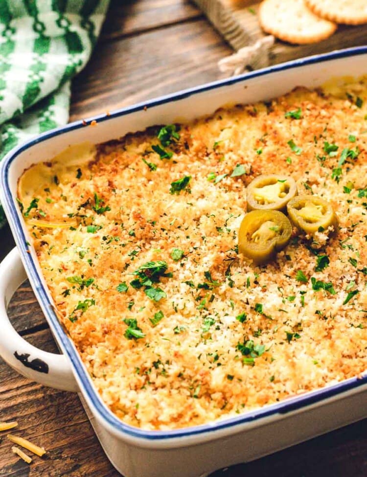 Casserole dish of jalapeno Popper Dip