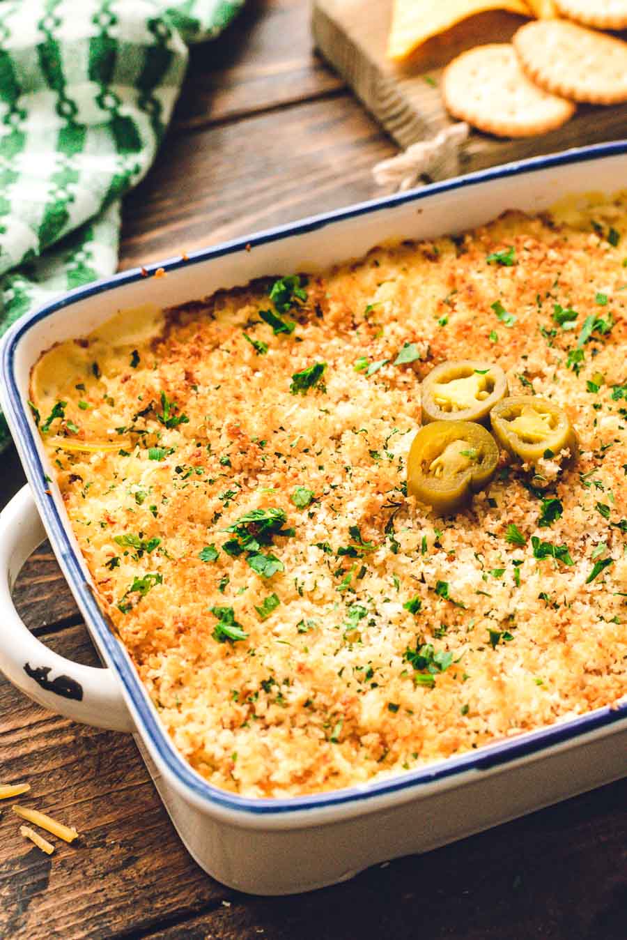 Casserole dish of jalapeno Popper Dip