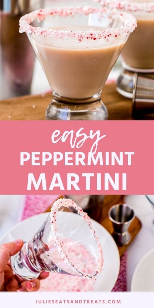 Easy peppermint martini collage. Top image of a peppermint martini in a glass with crushed candy around the rim, bottom image of coating the rim of a glass in crushed peppermint candy