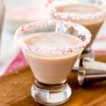 Peppermint Martini in cocktail glass with crushed peppermint candy around the rim