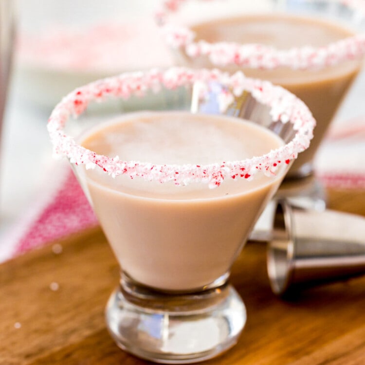 Peppermint Martini in cocktail glass with crushed peppermint candy around the rim