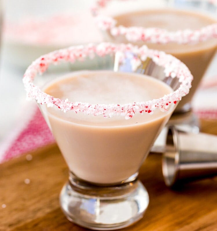 Peppermint Martini in cocktail glass with crushed peppermint candy around the rim