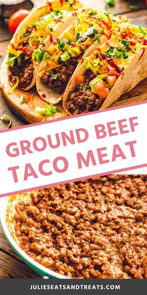 Ground beef taco meat collage. Top image of three tacos on a wood platter, bottom image of taco meat in a skillet