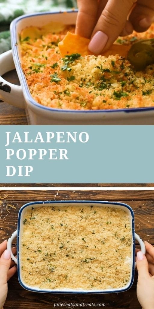 Jalapeno popper dip collage. Top image of a hand dipping a chip into prepared jalapeno popper dip, bottom image of uncooked dip in a white and blue baking dish