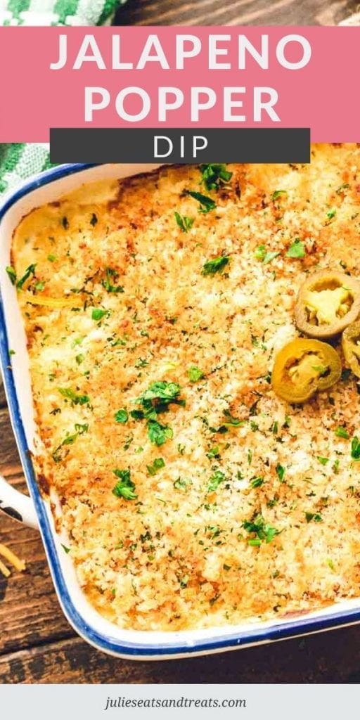 Jalapeno popper dip in a white and blue baking dish