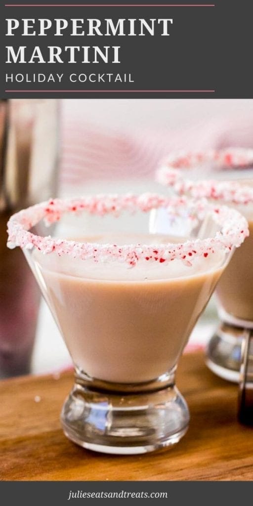 Peppermint martini in a glass with crushed peppermint candy around the rim