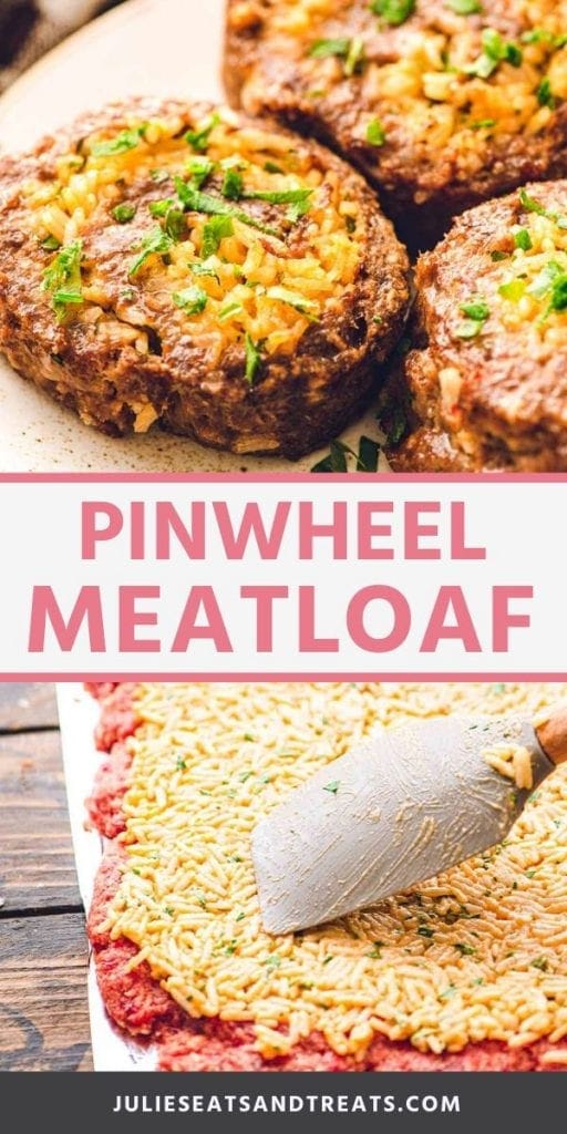 Pinwheel meatloaf collage. Top image close up of three pinwheel meatloaves on a plate, bottom image of spreading rice over raw meat