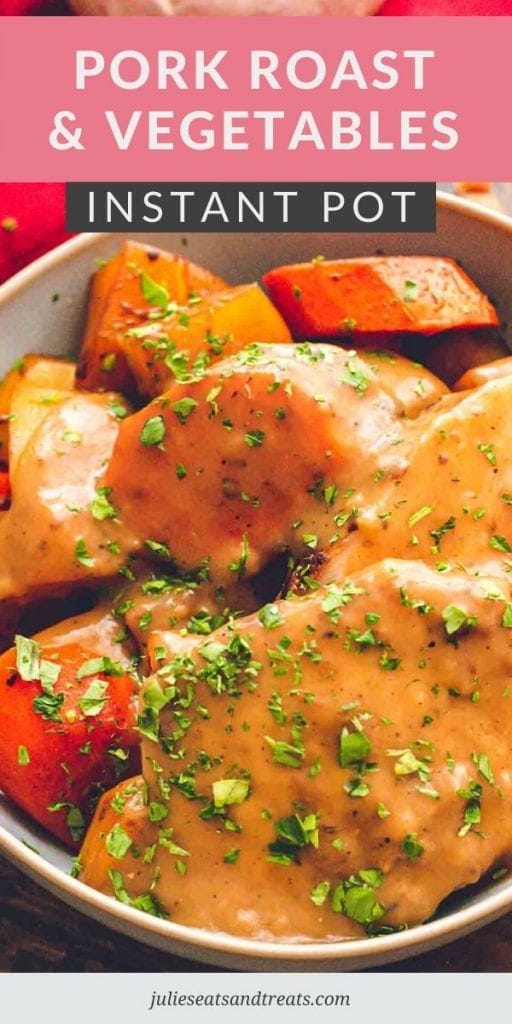 pork roast and vegetables with gravy in a bowl