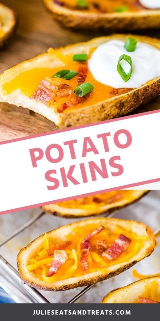 Potato skins collage. Top image of prepared potato skin topped with sour cream and chives with a bite out of the end, bottom image of potato skins on a cooling rack