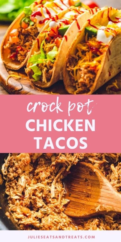 Crock Pot Chicken Tacos collage. Top image of three prepared tacos topped with sour cream, lettuce, and taco sauce, bottom image of chicken in the crock pot being stirred with a wooden spoon.