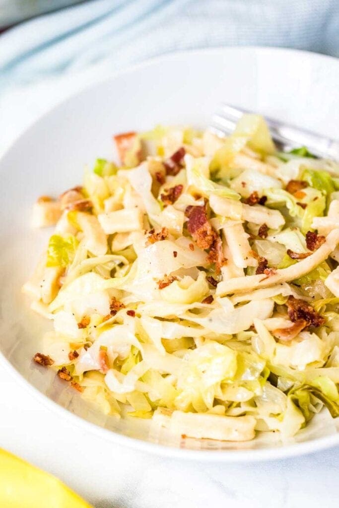 Cabbage and Noodles in white bowl