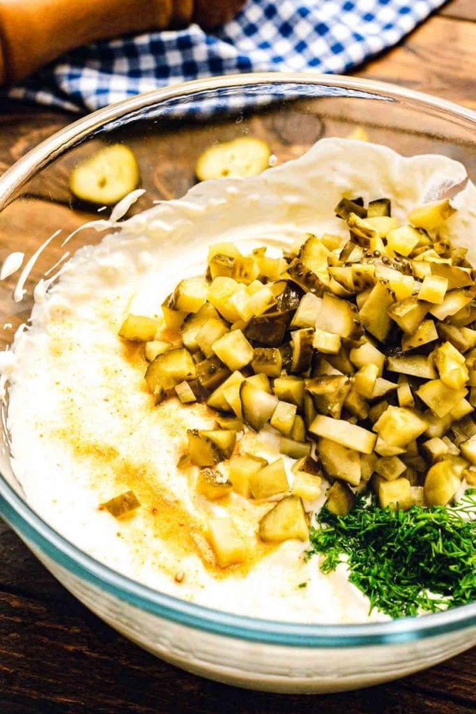 ingredients for dill pickle dip in bowl