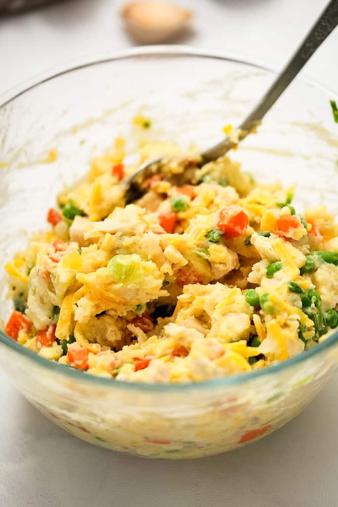 Glass bowl with pot pie mixture