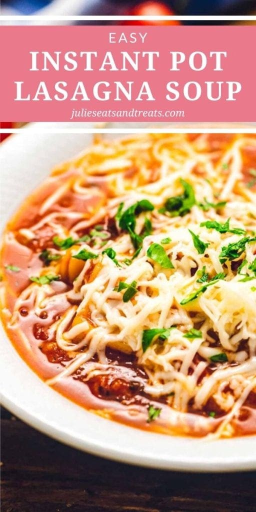 Pressure cooker lasagna soup in a white bowl topped with shredded cheese