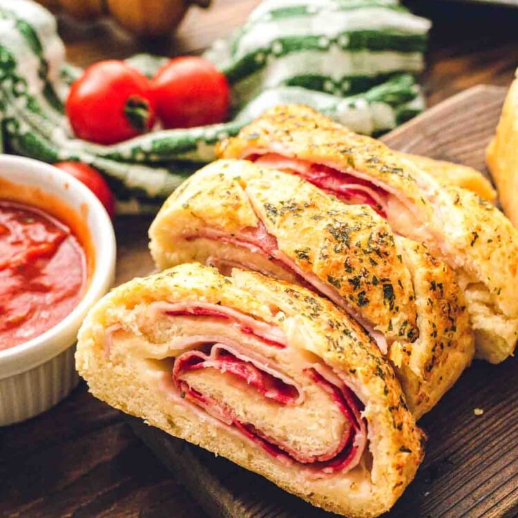 Sliced Stromboli on cutting board