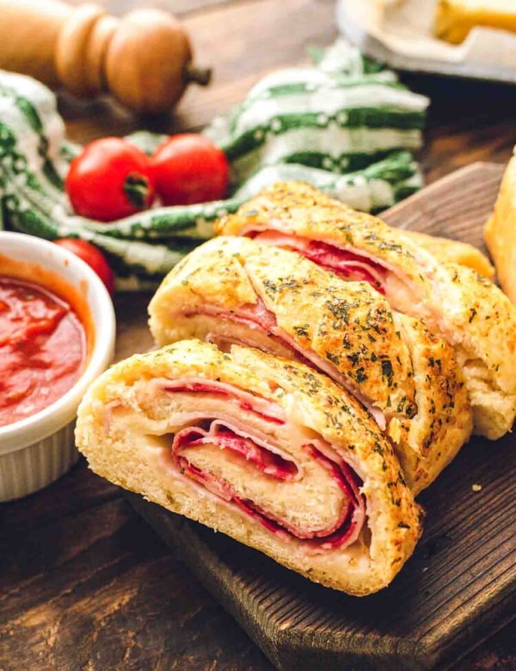 Sliced Stromboli on cutting board