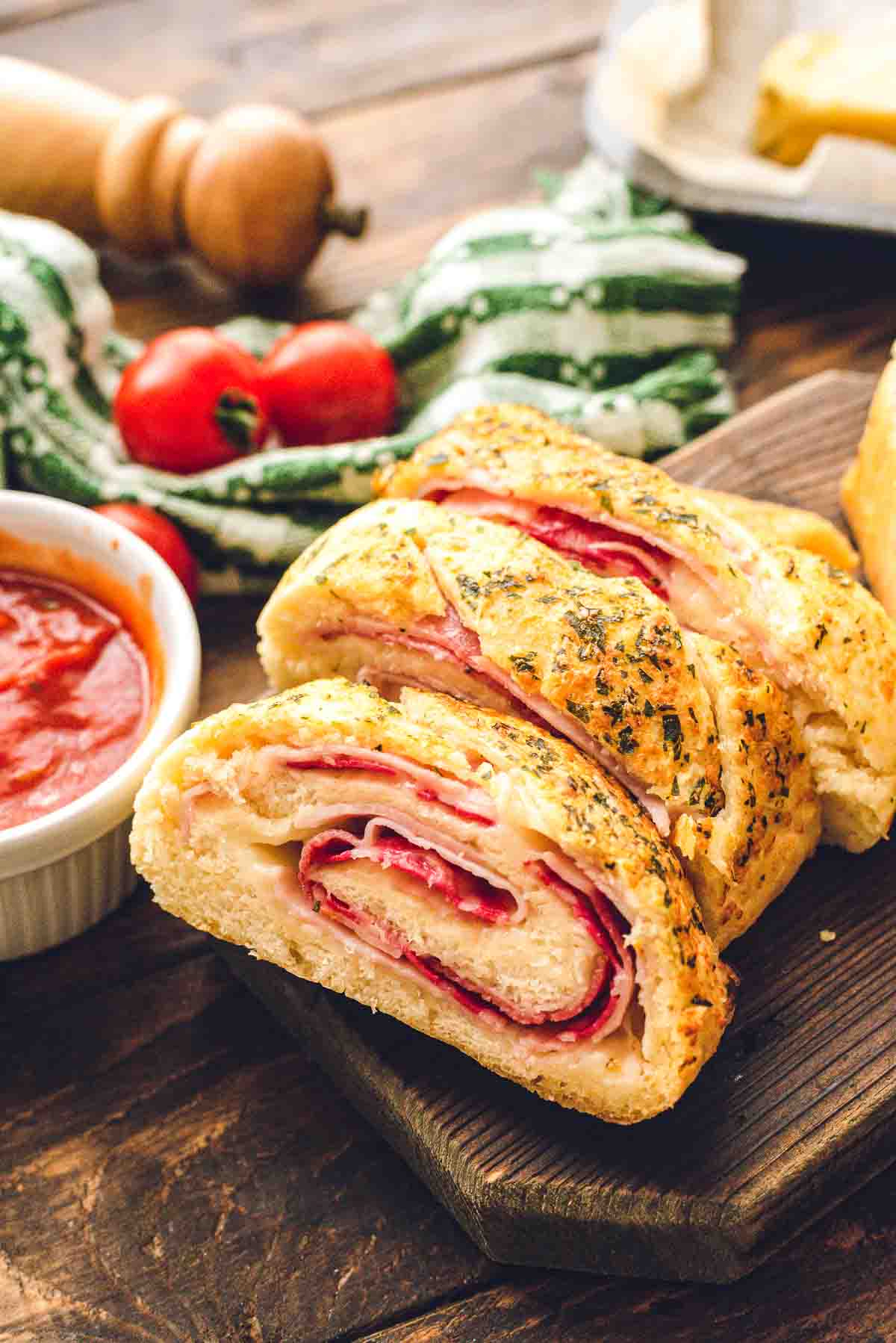 Sliced Stromboli on cutting board