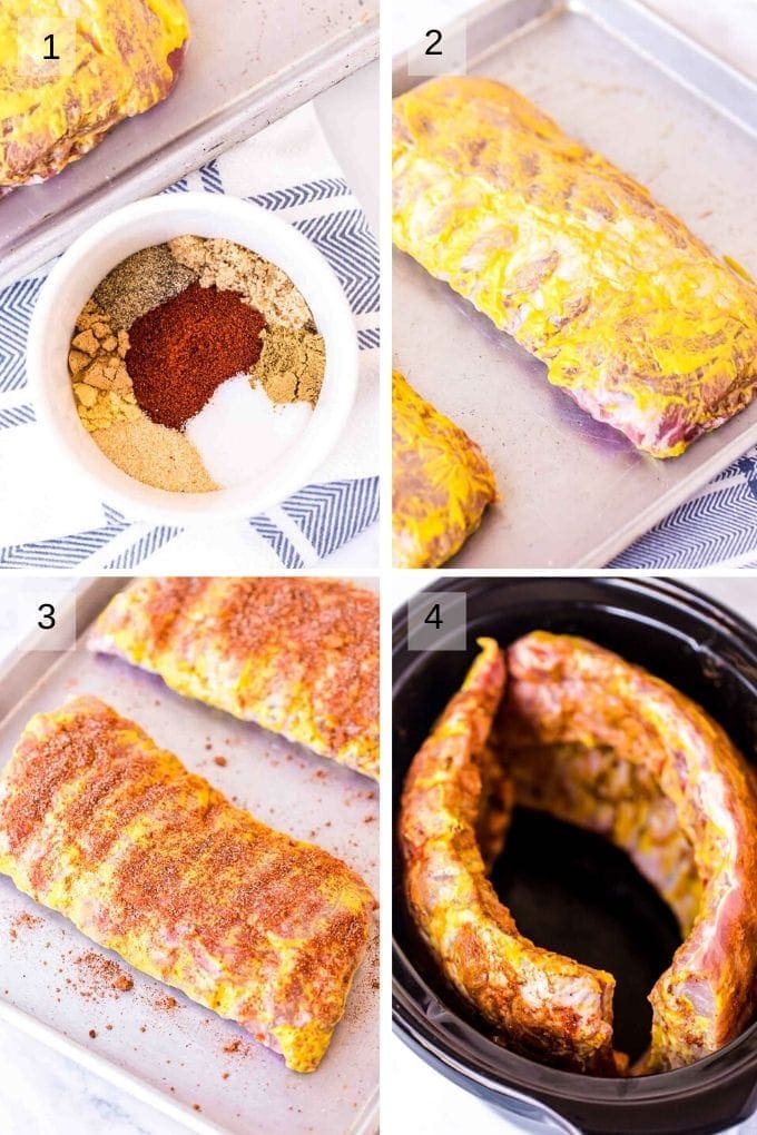 Collage of steps to prep ribs
