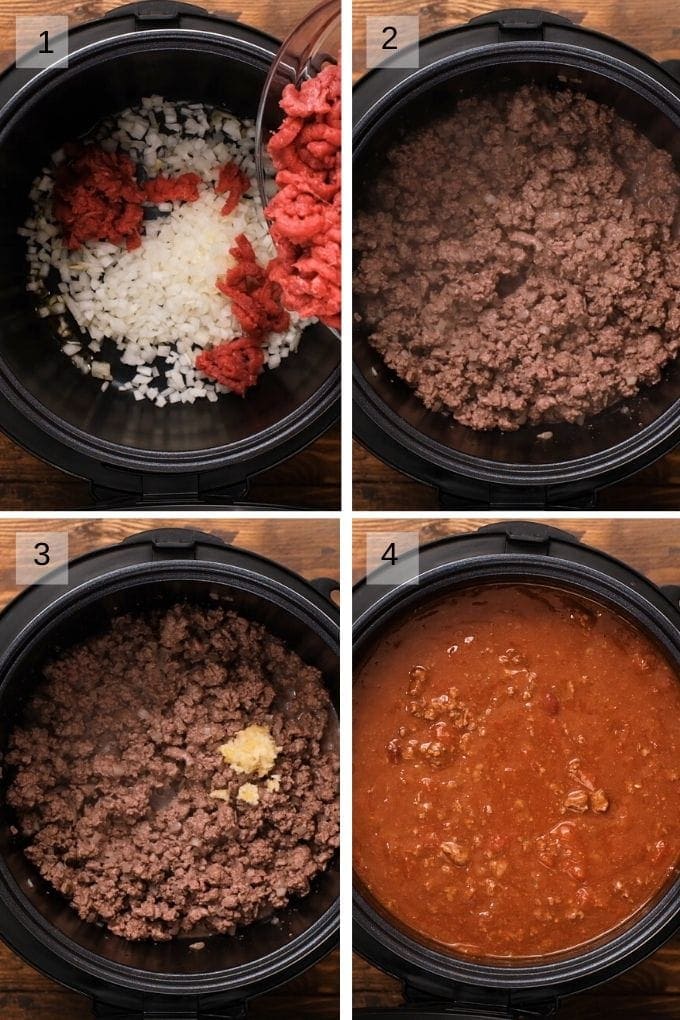 Collage of steps to make chili