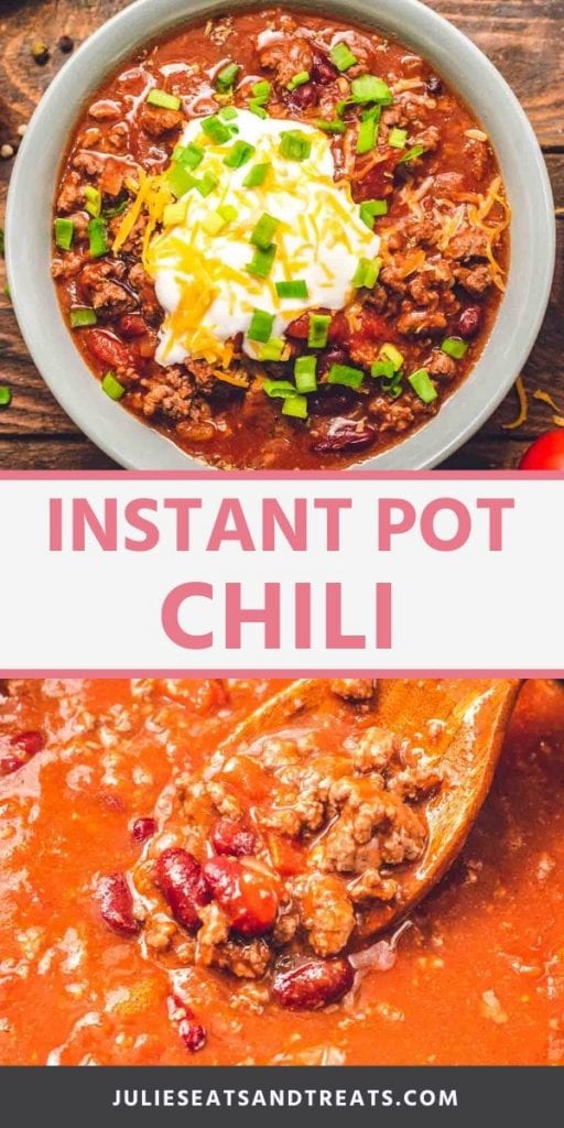 Instant pot chili collage. Top image of chili in a bowl topped with sour cream, shredded cheese, and chives, bottom image of chili being stirred with a wood spoon