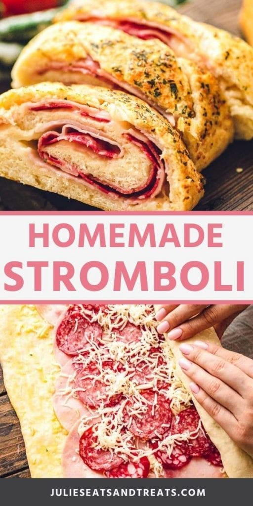 Homemade stromboli collage. Top image of stromboli cut into slices on a cutting board, bottom image of hand rolling up dough with meats and cheese inside