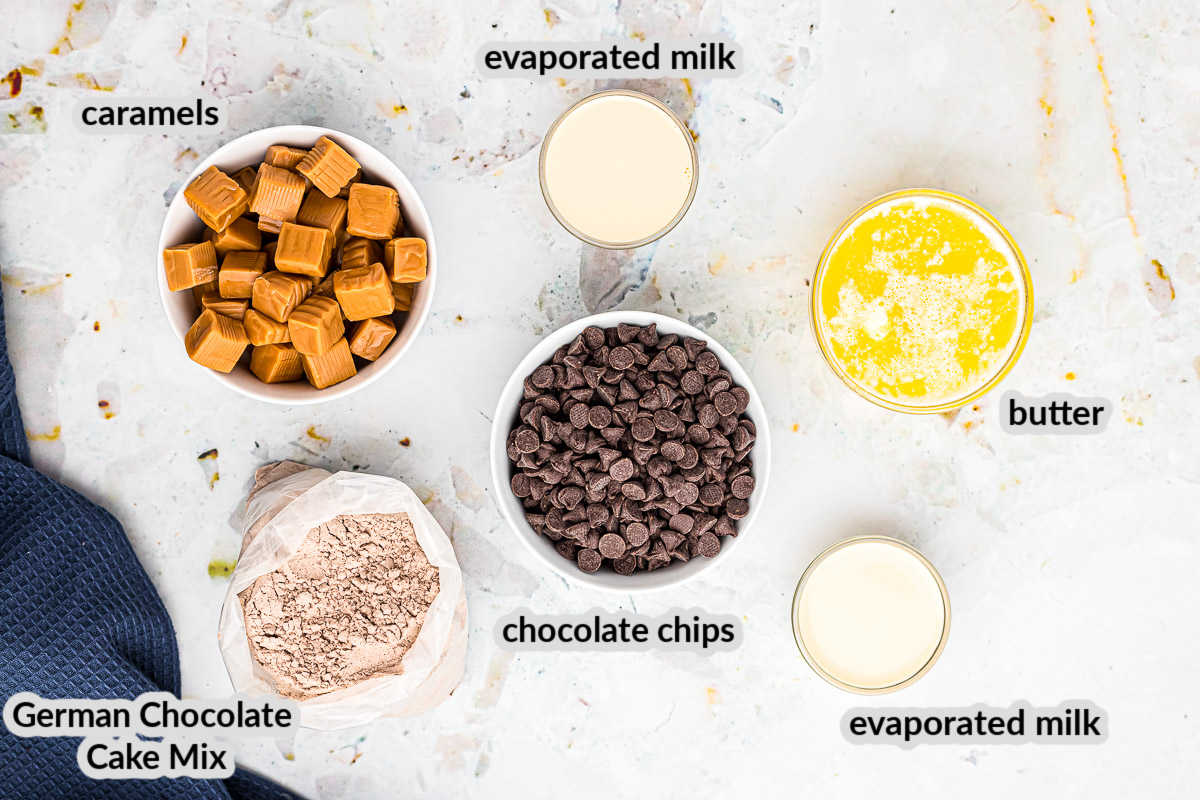 Overhead image of Chocolate Caramel Brownies Ingredients