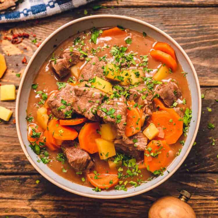 Overhead image of beef stew in bowl