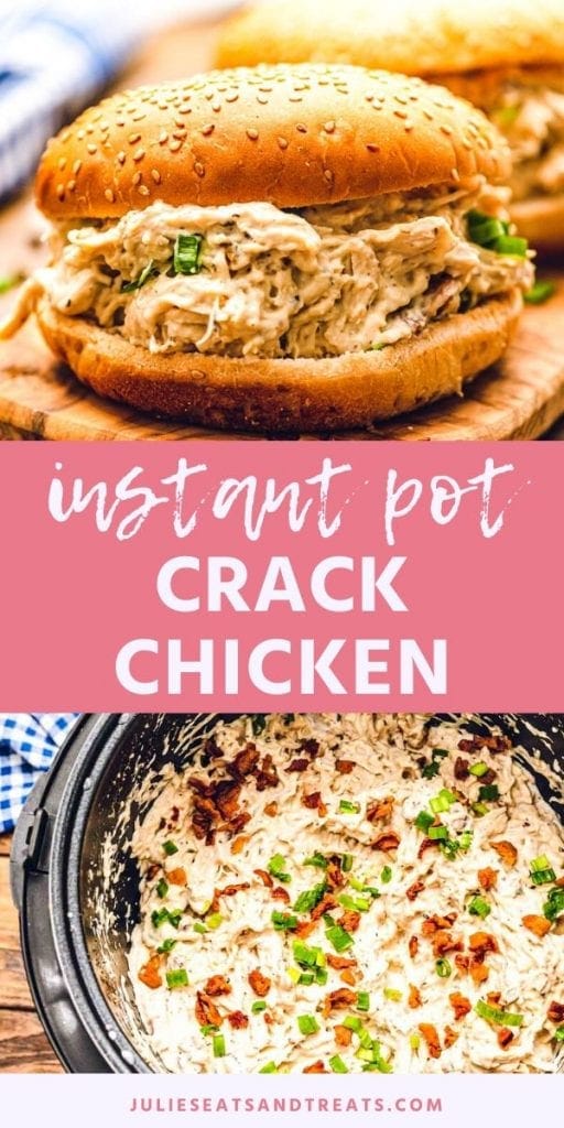 Instant pot crack chicken collage. Top image of crack chicken on a bun, bottom image of crack chicken in an instant pot